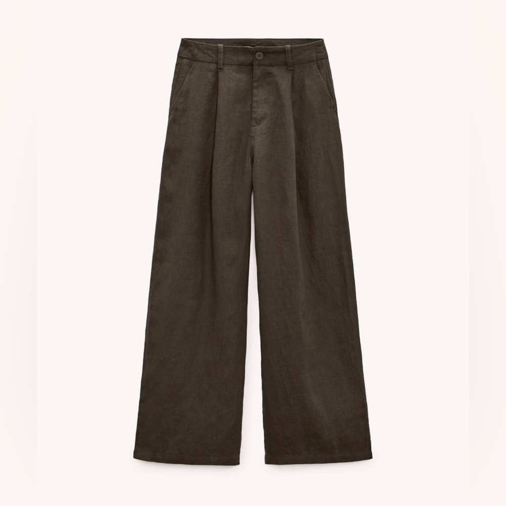 Zara 100% Linen Dark Brown Full Length Trousers NWOT